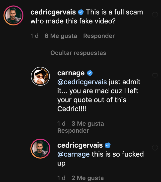 Carnage's support list was deemed as fake by Cedric Gervais