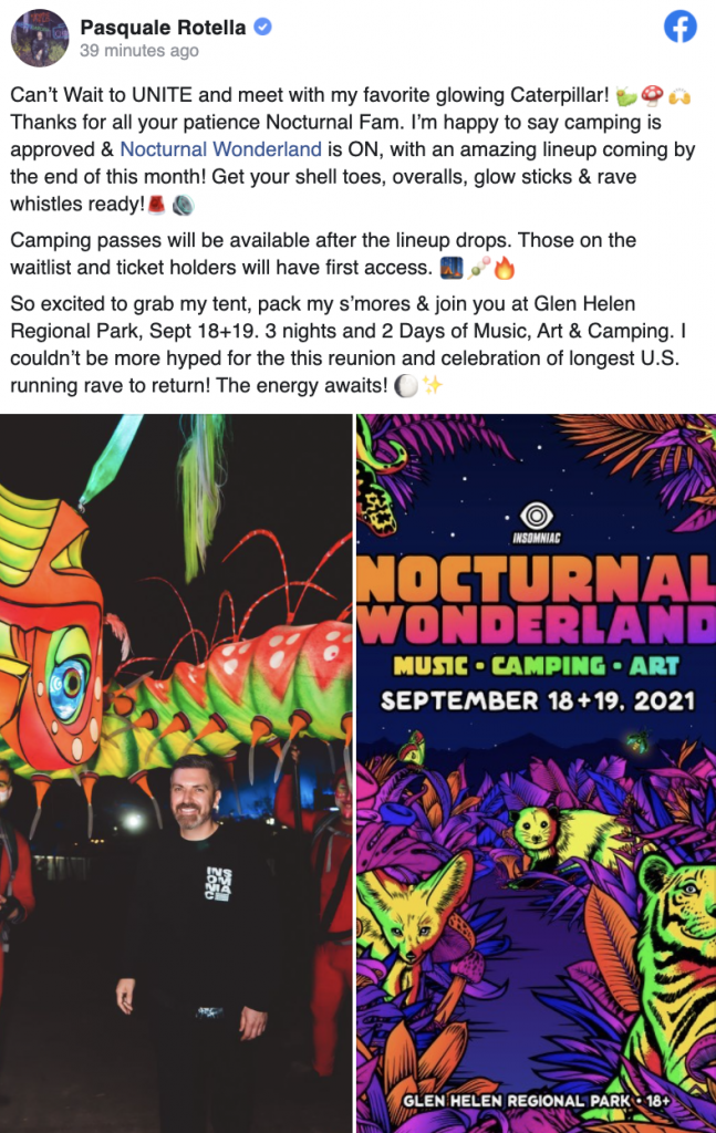 Pasquale Rotella, CEO of Insomniac, confirms Nocturnal Wonderland. 